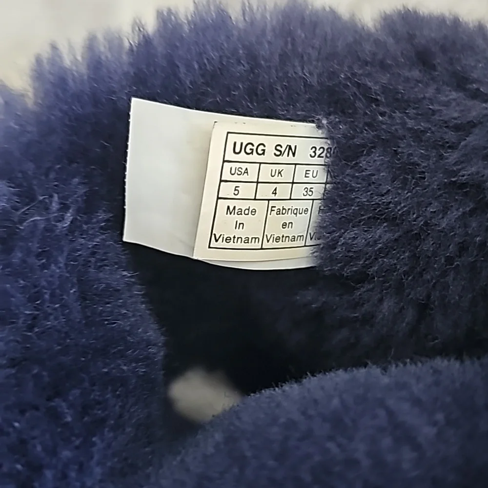 UGG Kids Navy Suede Shearling Boots with lavender Soles